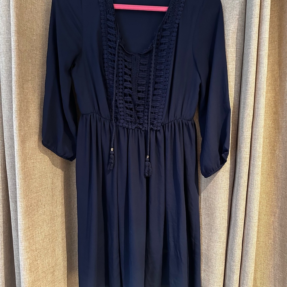 Daniel Rainn Navy Crochet-Trim Dress with Pink Accent